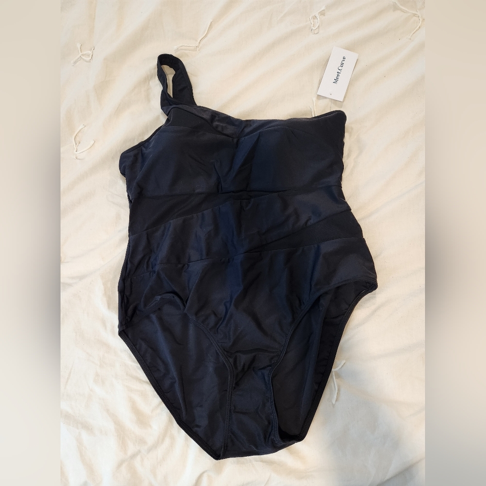 NWT Meet Curve Black One-Shoulder One Piece With Mesh Peek Through